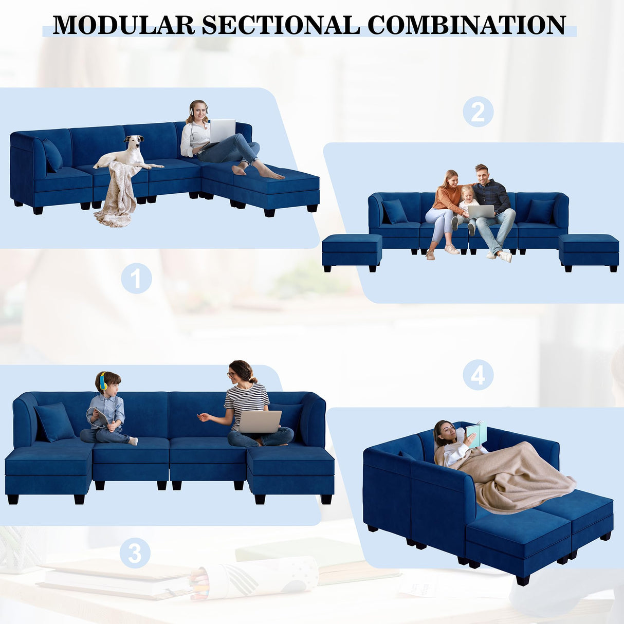 Vongrasig 6 Pieces Sectional Couch Modular Sofa with Reversible Chaise Velvet U-Shaped Couch Sofa 6-seat Modular Large Sectional Couch with Ottoman for Living Room, Upholstered Cushion (Dark Blue) Vongrasig