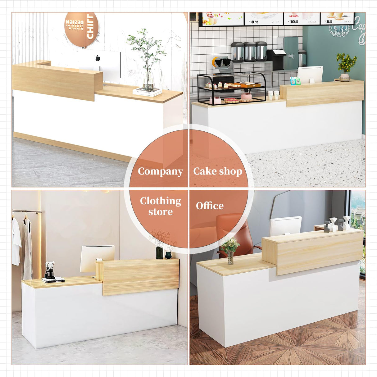 LSZMXI Modern Reception Desk with Drawer & Open Shelves, 39-95 Inch Front Counter Table, Computer Workstation Suitable for Salons, Offices, Lobbies, Retail Stores and Home Offices LSZMXI