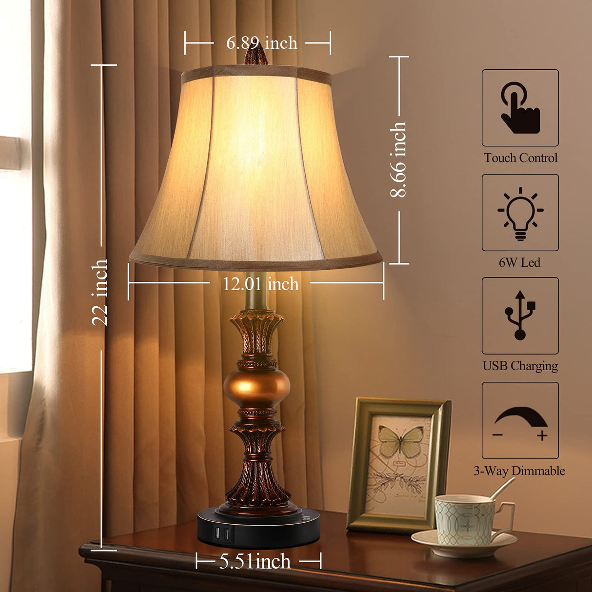 Touch Control Traditional Table Lamp Set of 2, Vintage Bedside Lamps with Dual USB Charging Ports, 3-Way Dimmable Bronze Finish Desk Lamps with Bell Shape Faux Silk Shade for Living Room, Bedroom PARTPHONER
