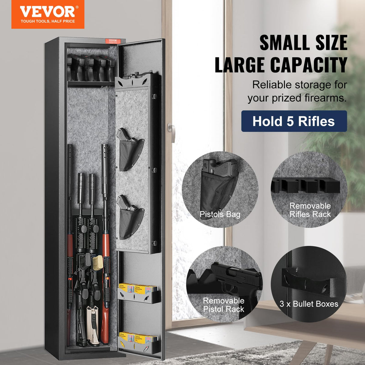 VEVOR 5 Rifles Gun Safe, Rifle Safe with Fingerprint Lock, Quick Access Gun Storage Cabinet for Shotguns with Removable Shelf & Pistol Rack VEVOR