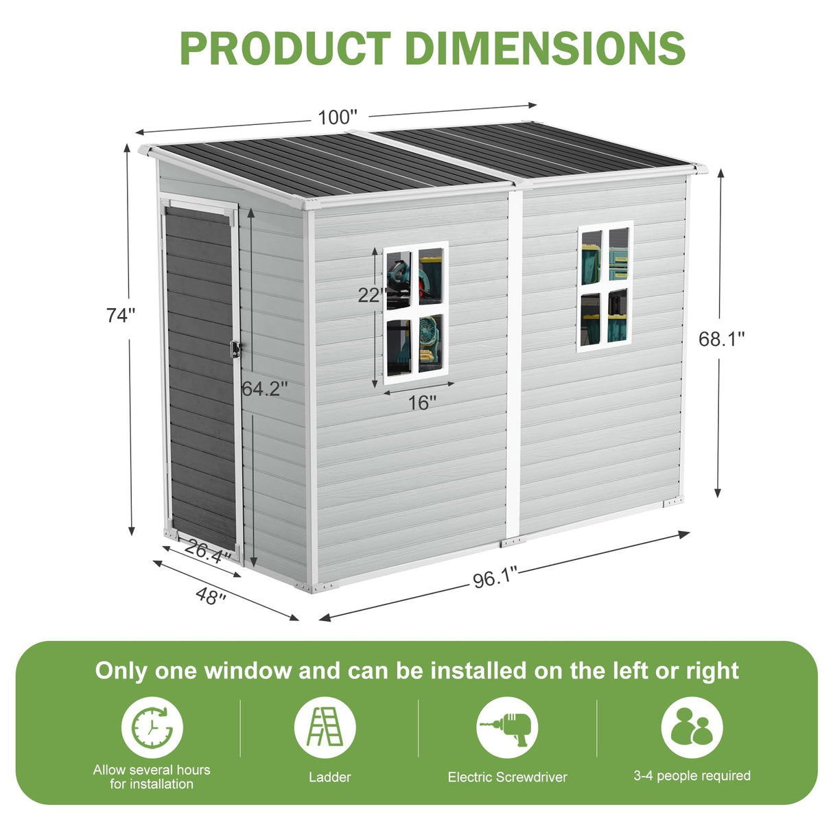 SELLERWE 8x4x6 FT Resin Lean to Shed, Waterproof Outdoor Storage Shed with Floor, Window, Lockable Door & 2 Windows, Tool Shed for Patio Garden, Lawn, Backyard, Dove Grey SELLERWE