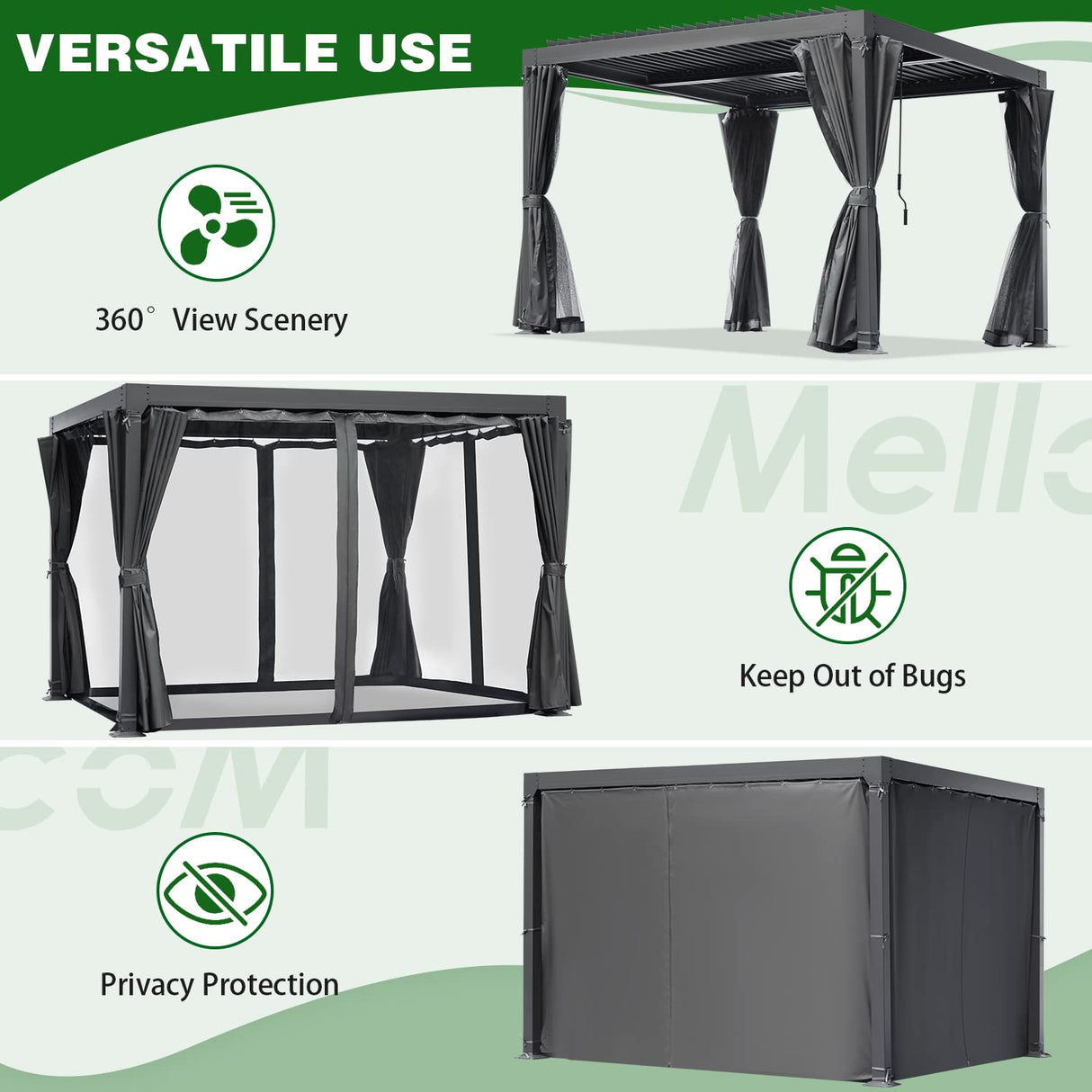 MELLCOM Louvered Pergola - 10x10 Aluminum Pergola with Adjustable Louvered Roof, Waterproof Curtains and Nets, Gray MELLCOM