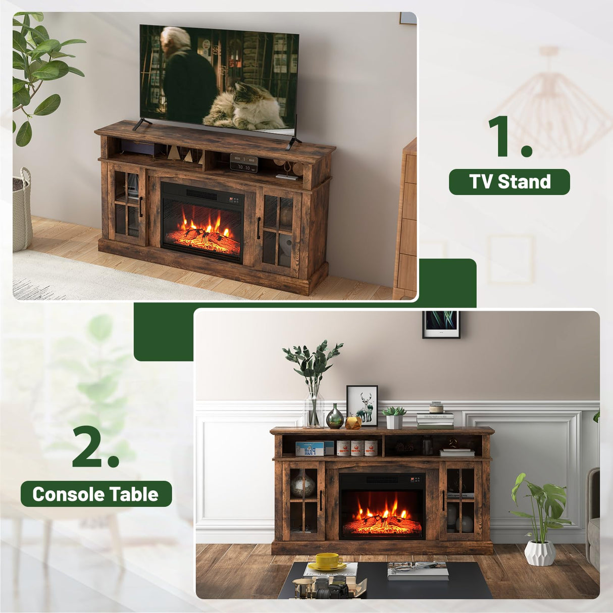 SIMOE Fireplace TV Stand with 23 Inch Fireplace, Electric Fireplace TV Console for TVs up to 65", Entertainment Center with 2 Cabinets & Remote Control, 6H Timer & 3 Flame Brightness, Brown, 58 Inches SIMOE
