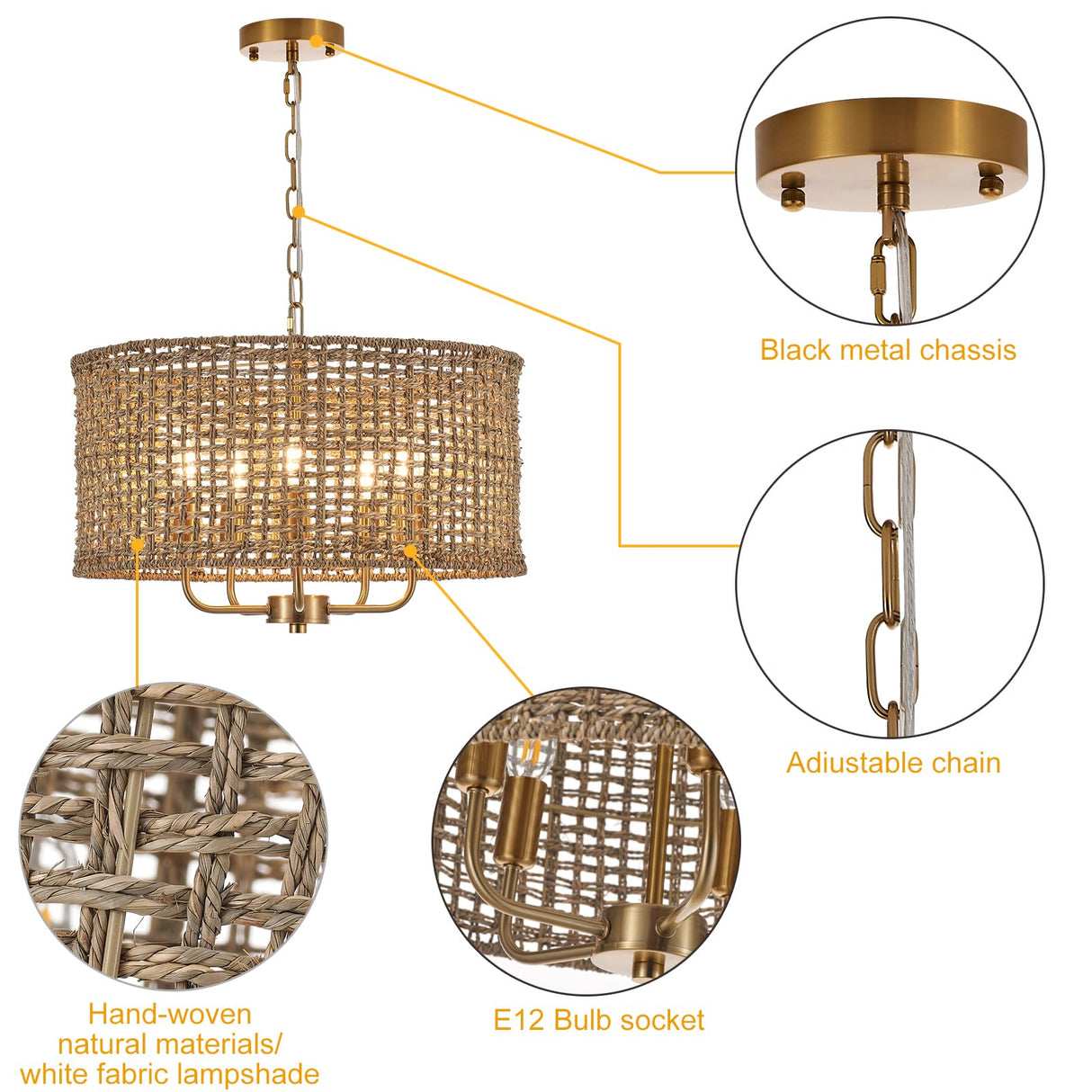 YOMECOO Hand-Woven Rattan Chandelier Vintage Farmhouse Boho Bamboo Light Fixture Mini Retro 5-Lights Drum Wicker Rattan Chandelier for Dining Room, Kitchen, Living Room YOMECOO