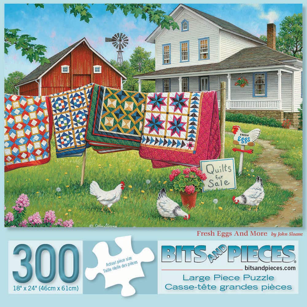 Bits and Pieces – 300 Piece Jigsaw Puzzle for Adults – Fresh Eggs and More - Classic Farmhouse Quilt Jigsaw Puzzle by Artist John Sloane, Completed Puzzle Size: 18" x 24" Bits and Pieces