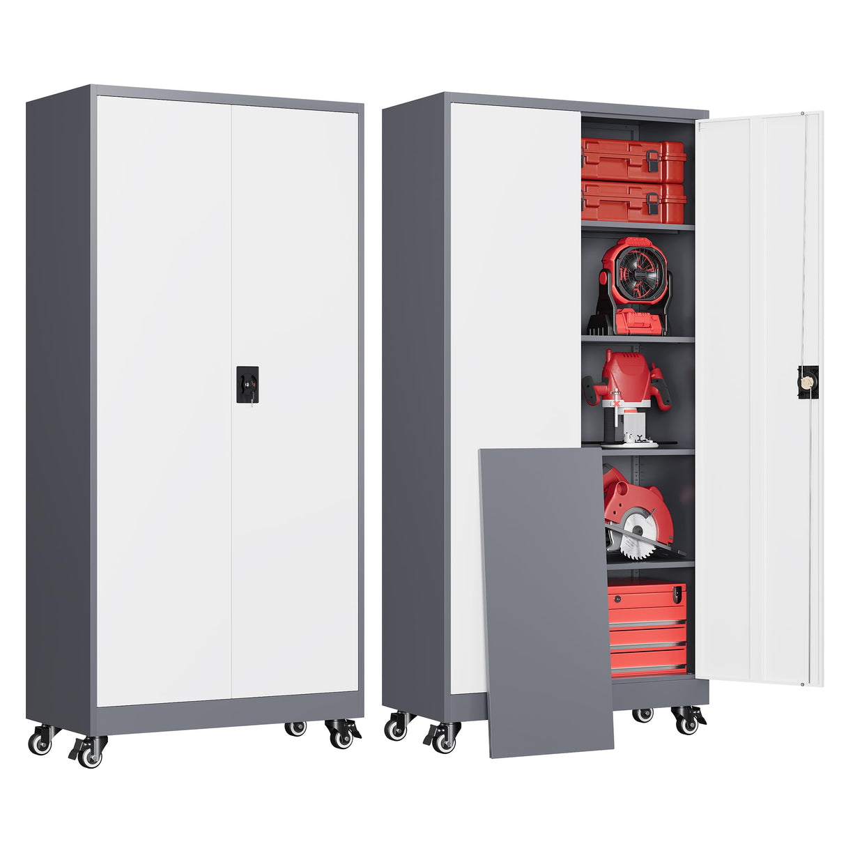 AFAIF Garage Cabinet with Wheels and Adjustable Shelves, Metal Garage Storage Cabinets with 2 Doors, Storage Caninet with Lock, Large Tool Cabnet for Workshop/Home/Office-(Gray White 75”H) AFAIF