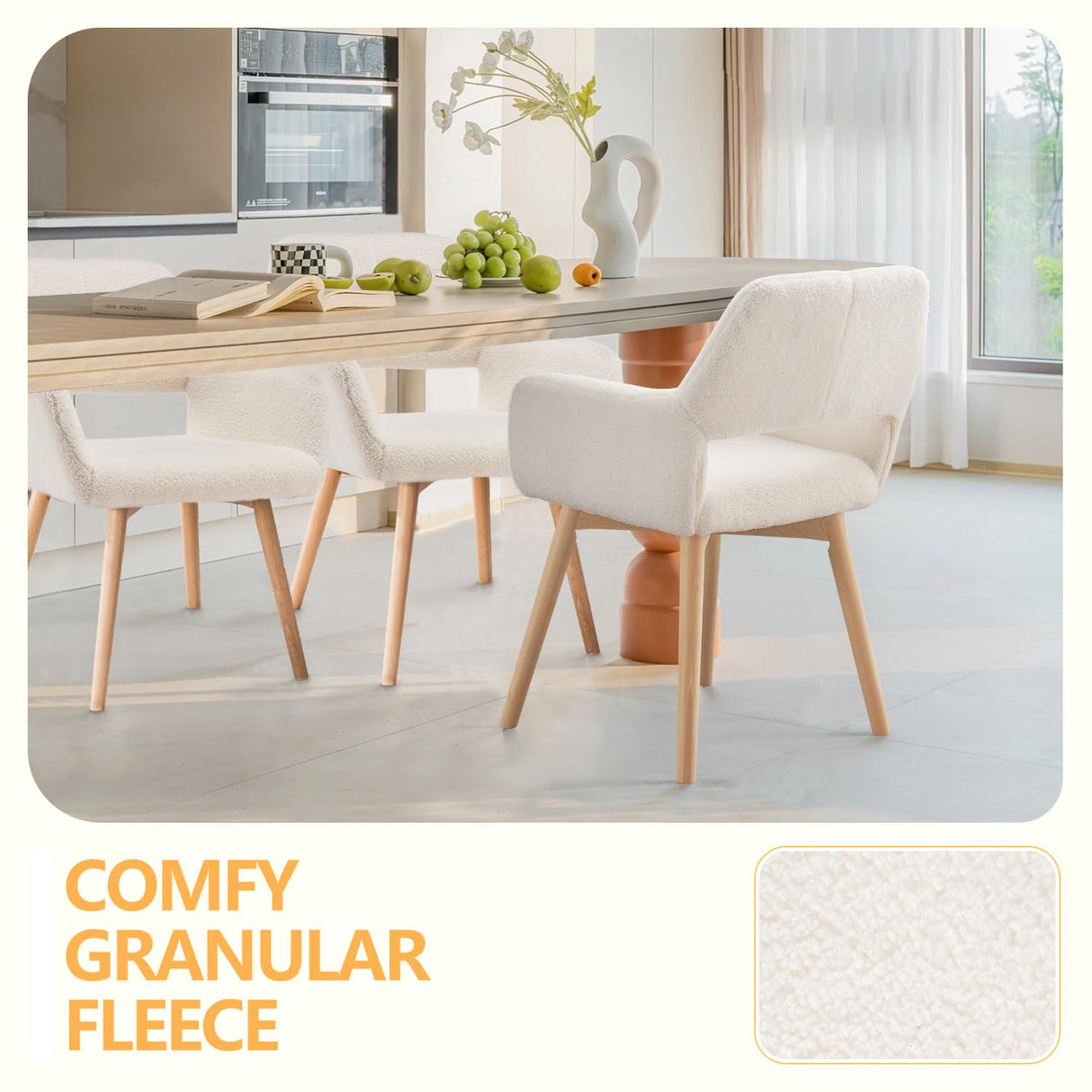 YEEFY Mid Century Modern Dining Chairs Set of 2 & 4 & 6 Comfy Accent Chair Upholstered Kitchen Dining Living Room Chairs for Bedrooms Waiting Room Home Arm Desk Chair No Wheels (Wool White, 2) YEEFY