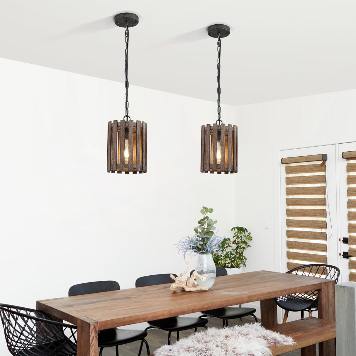 Farmhouse Rustic Pendant Light, 1-Light Round Cage Pendant Lighting Fixture with Adjustable Chain for Kitchen Island Hallway Dining Room Bar, Solid Wood wochos