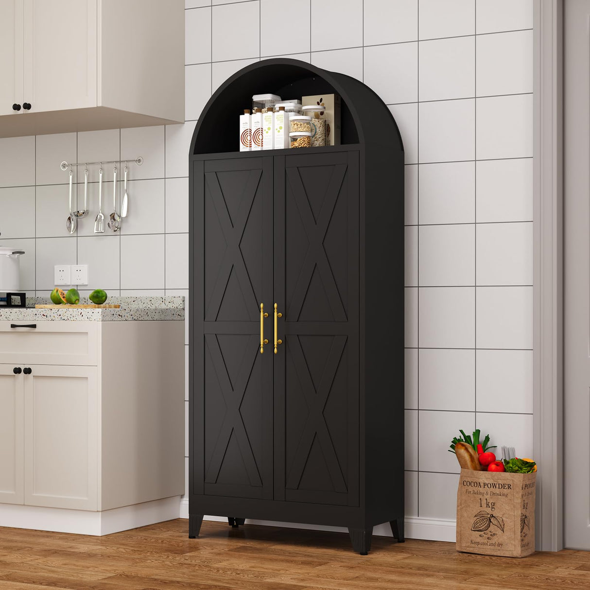 AUEYTVR 73" Metal Tall Arched Kitchen Pantry Cabinet,Arched Bookshelf China/Curio Cabinet Farmhouse Kitchen Storage Cabinets with 2 Doors&4 Adjustable Shelves,Glass Door for Dining Room AUEYTVR