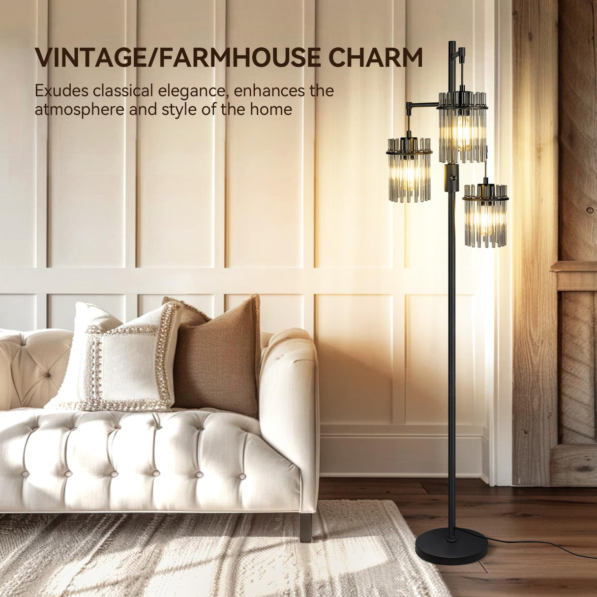 VOUTOORO Industrial Modern Floor Lamps for Living Room, Dimmable Glass Tree Standing Tall Lamps with 3 Elegant Teardrop Cage Head & 800 Lumens LED Bulbs for Bedroom Office (66inch Tall) VOUTOORO