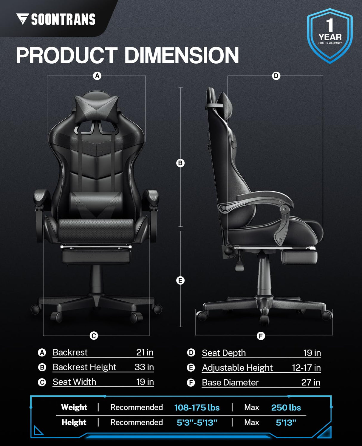 Soontrans Black Gaming Chairs with Footrest, Ergonomic Gamer Chair, Home Office Chair,PC Computer Chair with Headrest and Lumbar Support(Dark Black) Soontrans