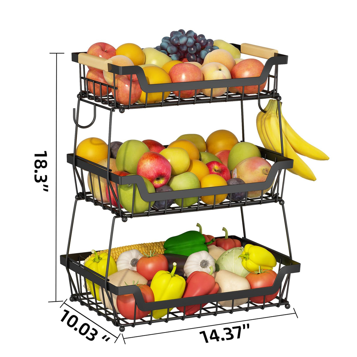 GILLAS 3 Tier Countertop Fruit Basket with 2 Banana Hangers for Kitchen, Detachable Metal Organizer for Bread Vegetable Fruits with Wooden Handle, Large Capacity Rectangular Storage Stand Bowls, Black GILLAS