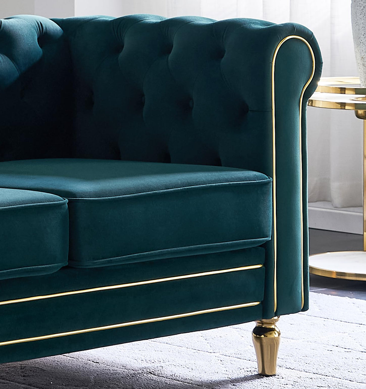 Homtique 84" Modern Green Velvet Chesterfield Sofa, 3-Seater, Button Tufted, Rolled Arms, Gold Legs Homtique