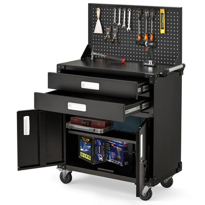 JFHID Work Bench for Garage with Pegboard Drawers and Cabinets Heavy Duty Metal Frame Tool Bench for Shop Kitchen Cabinets Organizer Work Table with Wheels (White Handle)