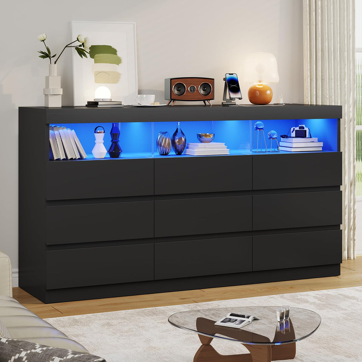 HAUOMS Black Dresser for Bedroom with LED Lights, Large Chest of Drawers Handle Free, Modern Long Dresser with 9 Drawers & Charging Station,for Living Room,Cloakroom,Entryway HAUOMS