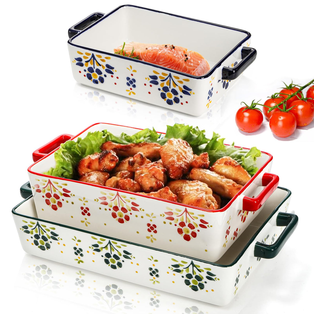 Peohud Set of 3 Casserole Dishes for Oven, Porcelain Baking Dishes with Handle, Large Rectangular Lasagna Pans, Ceramic Bakeware Set for Cooking, Kitchen, Cake Dinner, Banquet and Daily Use Peohud