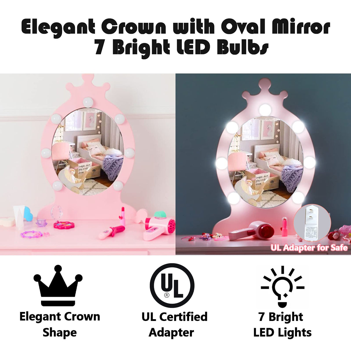 Vabches Kids Makeup Vanity with Lights and Mirror,Little Girl Vanity Table and Chair Set,Cute and Sturdy,Pink Vabches