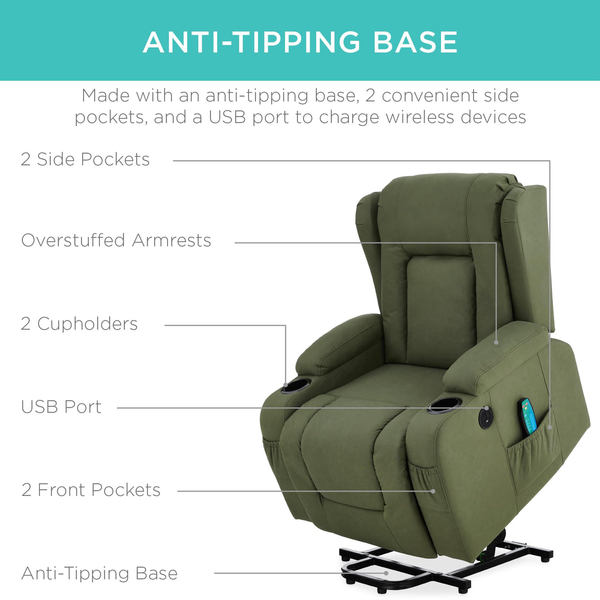 Best Choice Products PU Leather Electric Power Lift Chair, Recliner Massage Chair, Adjustable Furniture for Back, Legs w/ 3 Positions, USB Port, Heat, Cupholders, Easy-to-Reach Side Button - Olive Best Choice Products