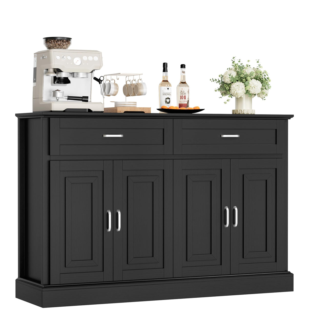 FACBOTALL Sideboard Buffet Cabinet with Storage, 55.1" Large Kitchen Storage Cabinet with 2 Drawers and 4 Doors, Farmhouse Coffee Bar for Kitchen Dining Room, Black FACBOTALL