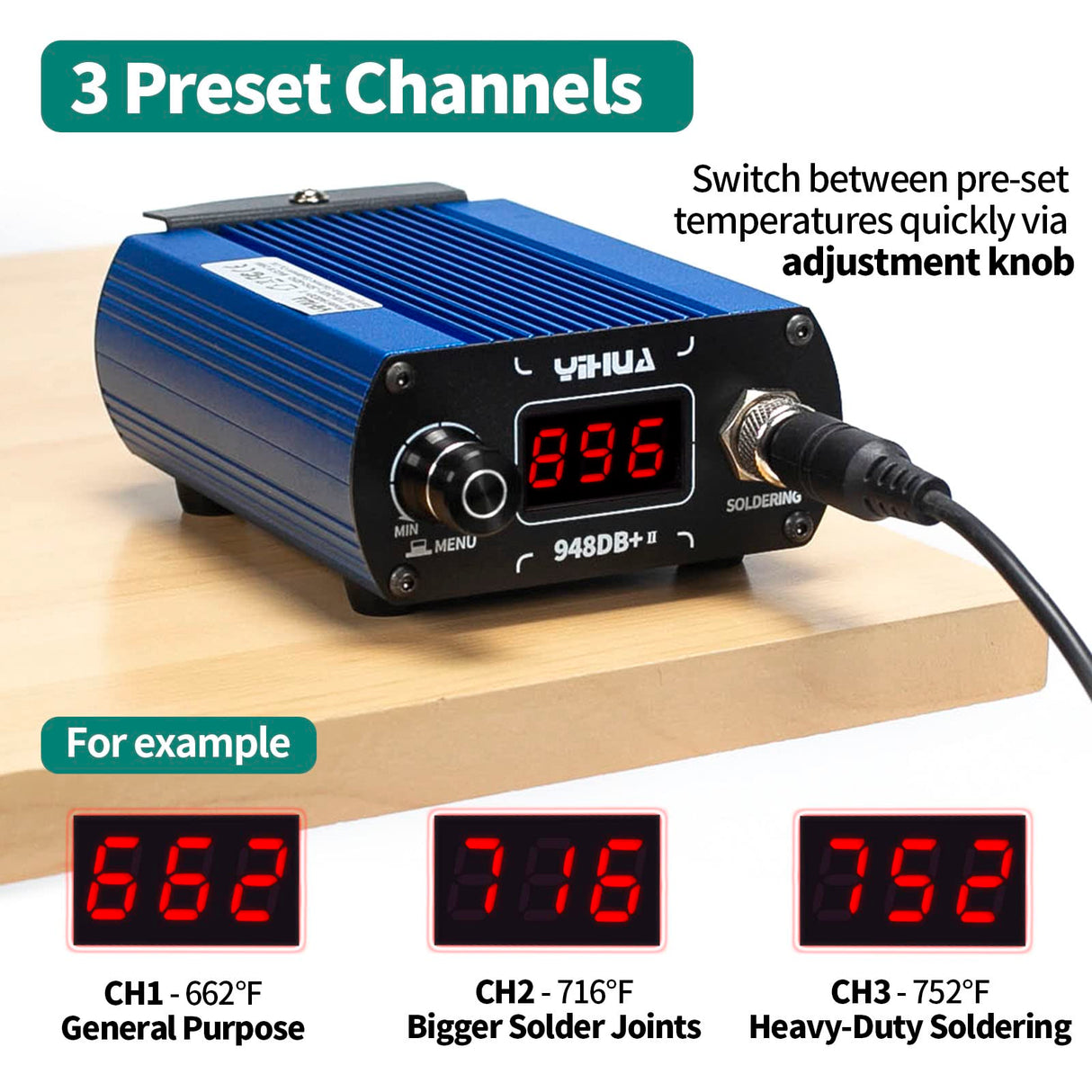 YIHUA 948DB+ II Soldering Iron Station Kit compatible for T12 solder iron tip with 3 tips with °F-°C Conversion, Sleep Mode, Auto Shutdown, Preset Channels, Calibration Functions YIHUA