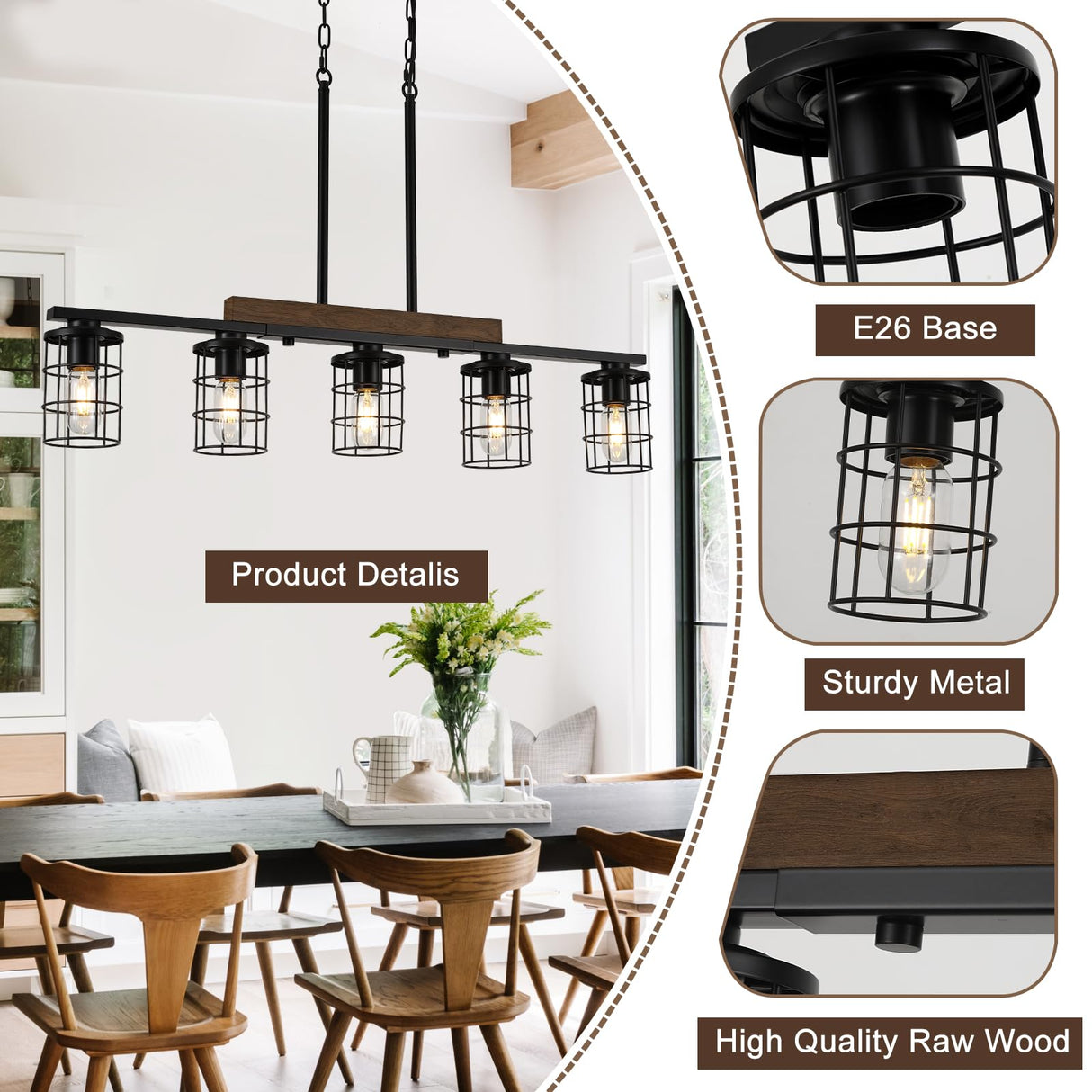 LmnLvn Dining Room Light Fixture/Chandelier Over Table, 36.2-Inch Hanging for Farmhouse Linear Chandeliers,5-Light Kitchen Island Lighting, Black Rustic Wooden Ceiling Chandelier,with Metal lampshade LmnLvn