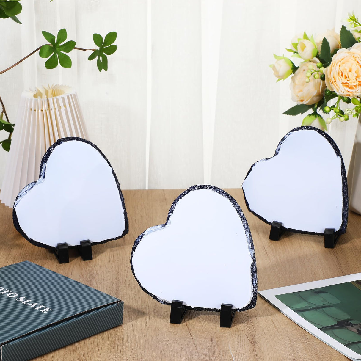 Seajan 18 Pieces Sublimation Slate Blanks Heart Shaped Stone Customized Memorial Frame with Display Stands 5.9 x 5.9 Inch Rock Sublimation Plaque Blank Personalized Picture Frame for Heat Transfer Seajan