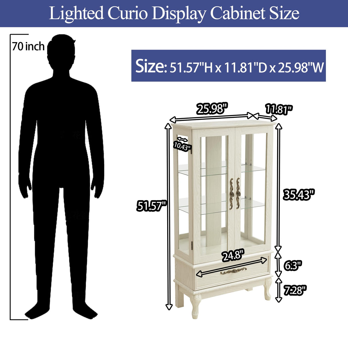 TRJQBCC 51"H Lighted Curio Display Cabinet with 2 Doors & 1 Drawer, Wooden Glass Curio Showcase w/ Adjustable Shelves & Mirrored Back Panel, Storage Cabinet Display Case for Living Room(Antique White) TRJQBCC