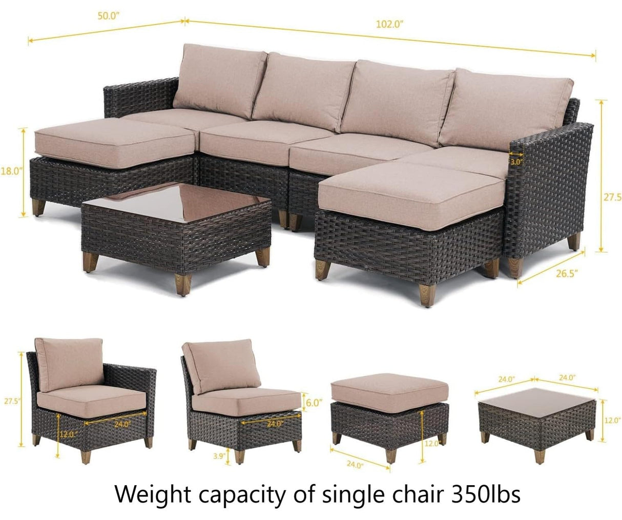 Grand patio Sofa Sets Outdoor Furniture Sets, Wicker Patio Furniture 7-Piece Sectional Sofa with Thick Olefin Cushions for Yard Garden Porch for Six (Beige Sofa Set for Six, 7 PCS) Grand patio