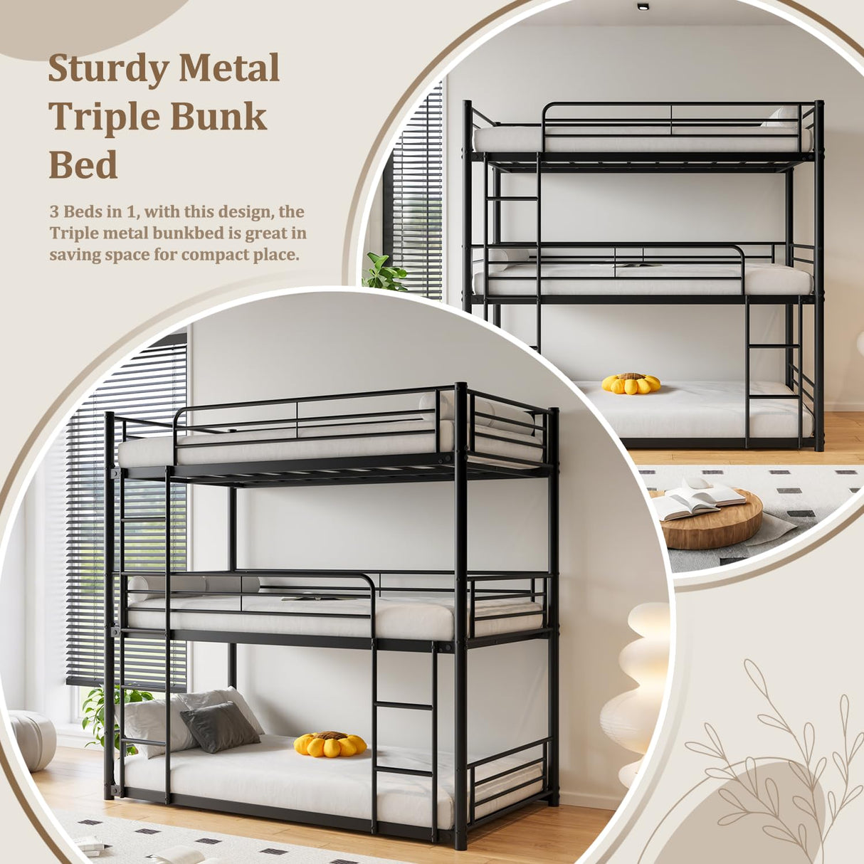 AYJOIR Heavy Duty Triple Bunk Bed, Twin Over Twin Over Twin Metal Bunkbeds with Ladder, Family-Friendly for All Ages, Bedroom, No Box Spring Needed, Easy Assembly, Black AYJOIR