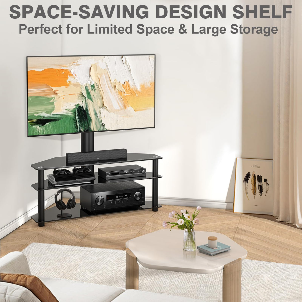 TAVR Furniture Swivel Floor TV Stand with Table for 32-70 Inch TVs, Universal Height Adjustable TV Floor Stand with Large Storage Shelves, Strong Corner TV Stand Mount Holds up to 88lbs, Black TAVR Furniture