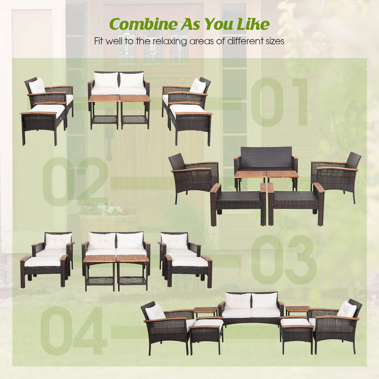 HAPPYGRILL 7 Piece Patio Furniture Set Rattan Sofa Set Outdoor Wicker Conversation Set with 2 Ottomans & 2 Coffee Tables with Bottom Shelf Acacia Wood Tabletop Seat & Back Cushions HAPPYGRILL