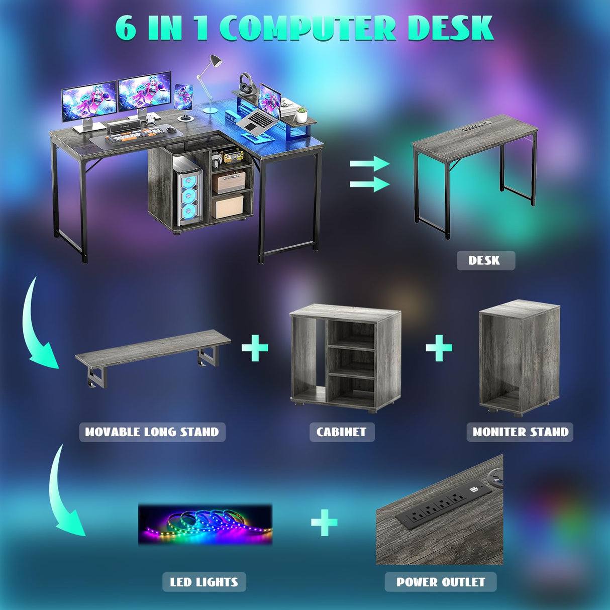 Cyclysio L Shaped Gaming Desk with Wood Cabinet, 58" Large Corner Desk with LED Lights & Power Outlet, Reversible Computer Desk with Monitor Stand, Home Office Desk 2 Person Corner Desk, Grey Oak Cyclysio