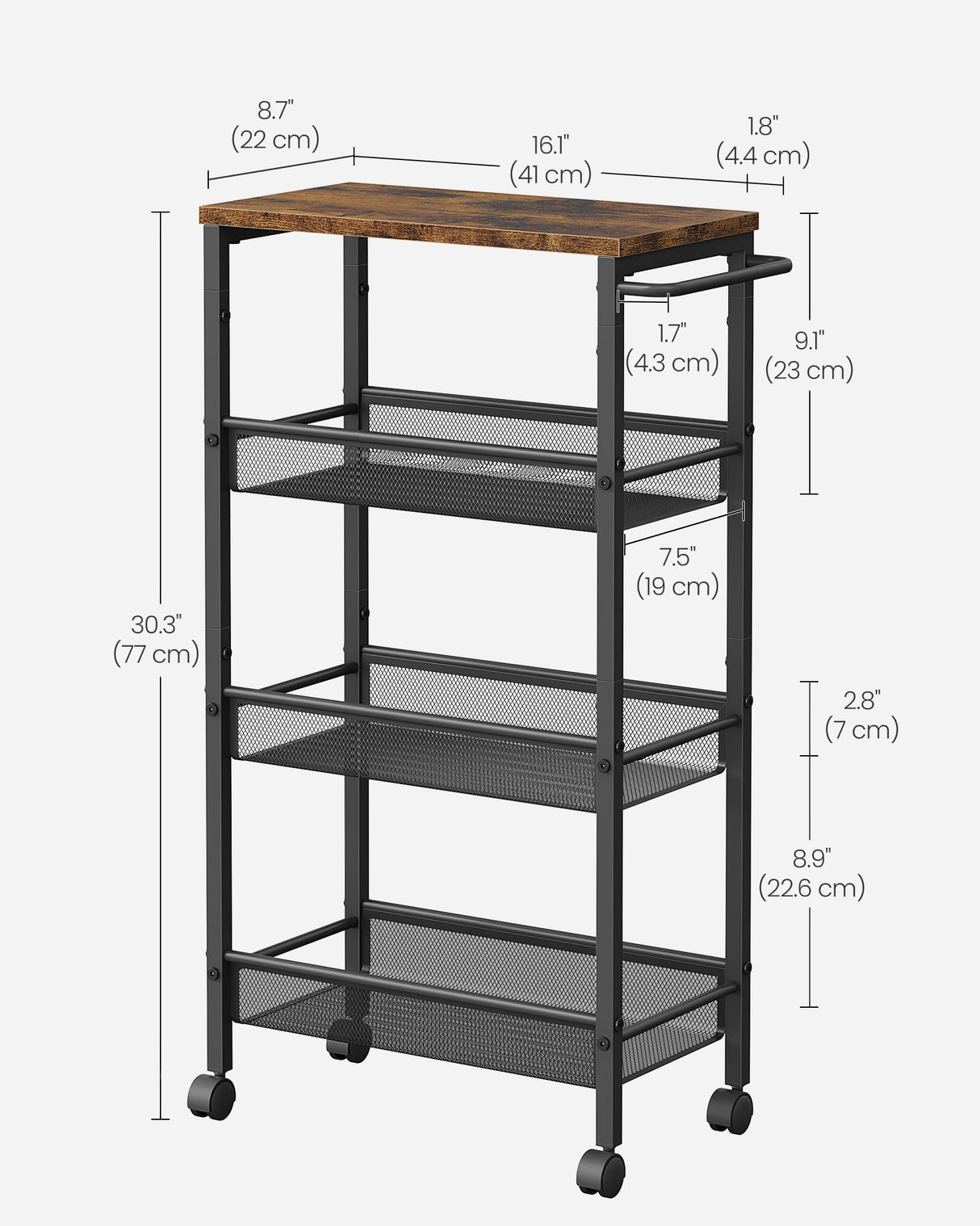 VASAGLE Slim Rolling Cart, 4-Tier Storage Cart, Narrow Cart with Handle, 8.7 Inches Deep, Metal Frame, for Kitchen, Dining Room, Living Room, Home Office, Rustic Brown and Classic Black ULRC033B01 VASAGLE