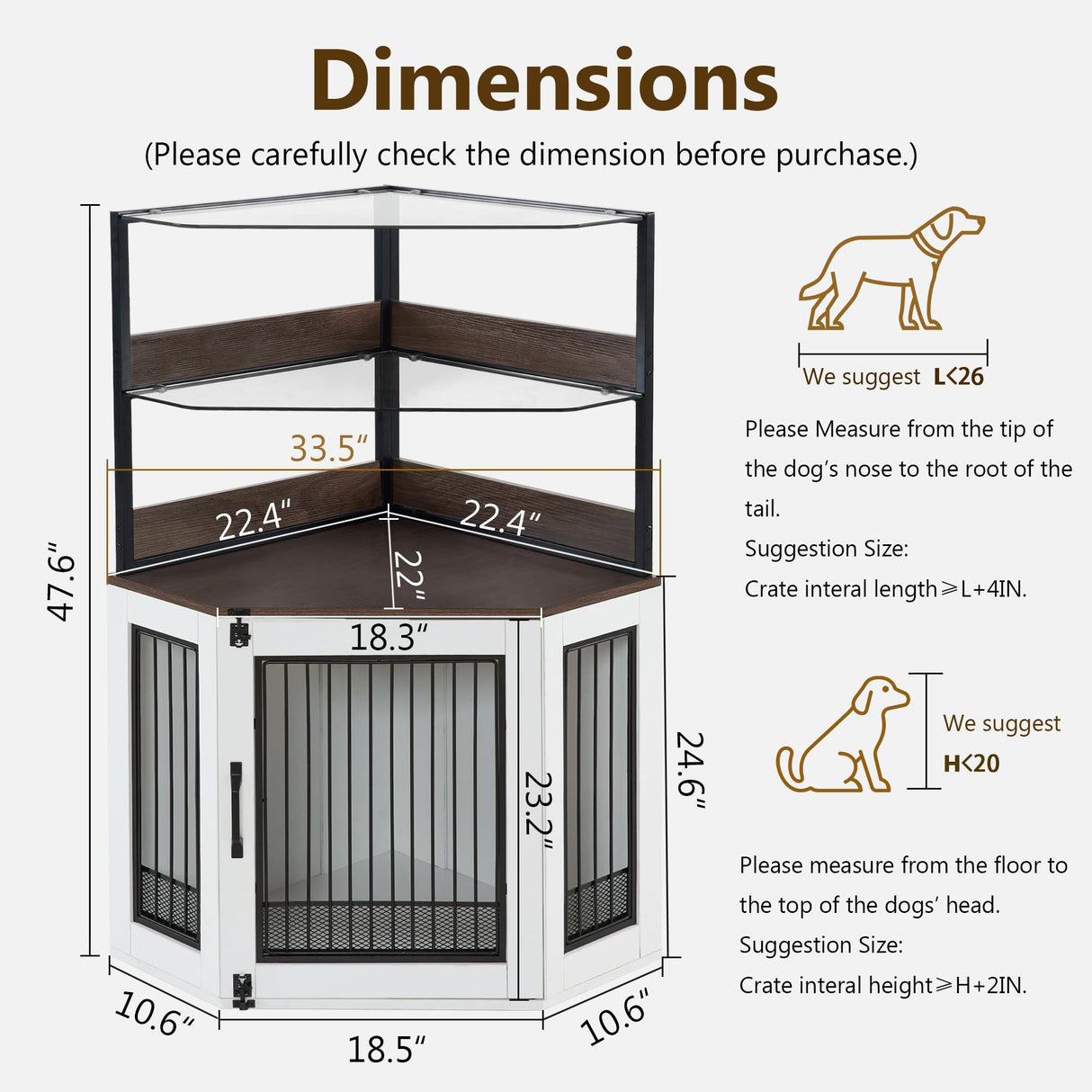 MCombo Small Corner Dog Crate Furniture with Glass Shelves, Wooden Dog Kennel Furniture with Door, Pet Crate Indoor Use, CN17 (White and Brown) MCombo