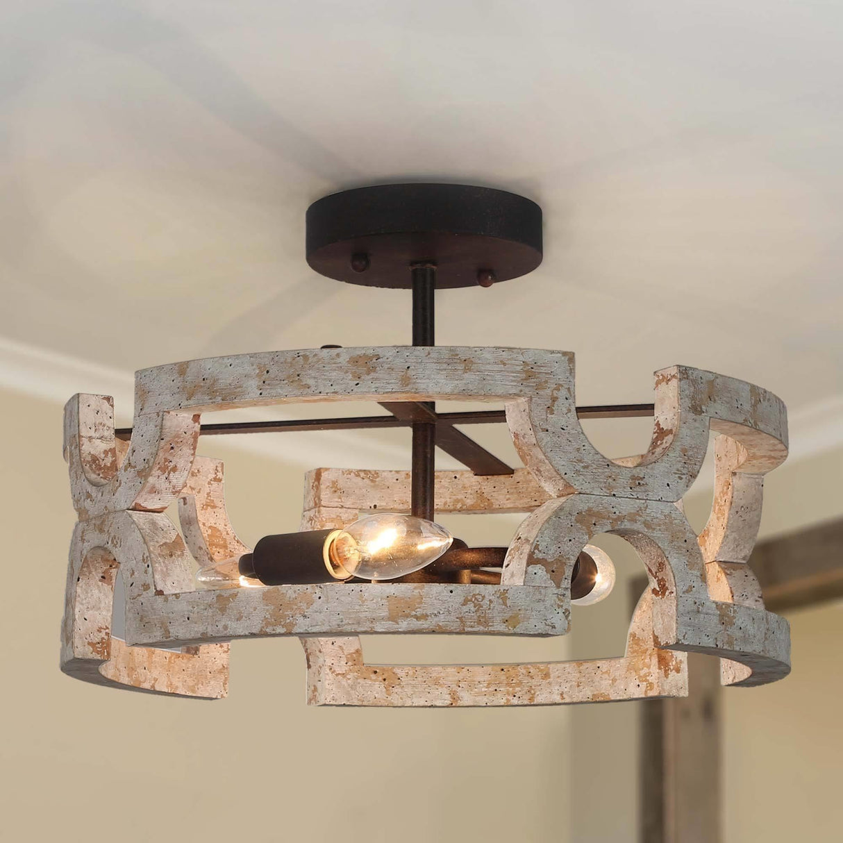 KSANA Farmhouse Wood Semi Flush Mount Ceiling Light, Vintage Drum Distressed White Close to Ceiling Light Fixtures for Bedroom, Hallway, Foyer, Entryway, Kitchen, Stairway, Dining & Living Room KSANA