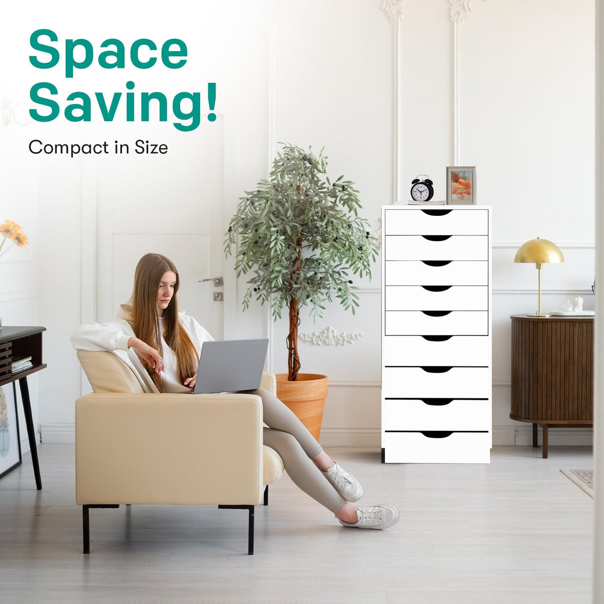 Naomi Home Bianca 9 Drawer Chest, Wood Storage Dresser Cabinet, Large Storage Organizer Makeup Drawer for Closet, Bedroom, 200 lbs Total Capacity - White Naomi Home