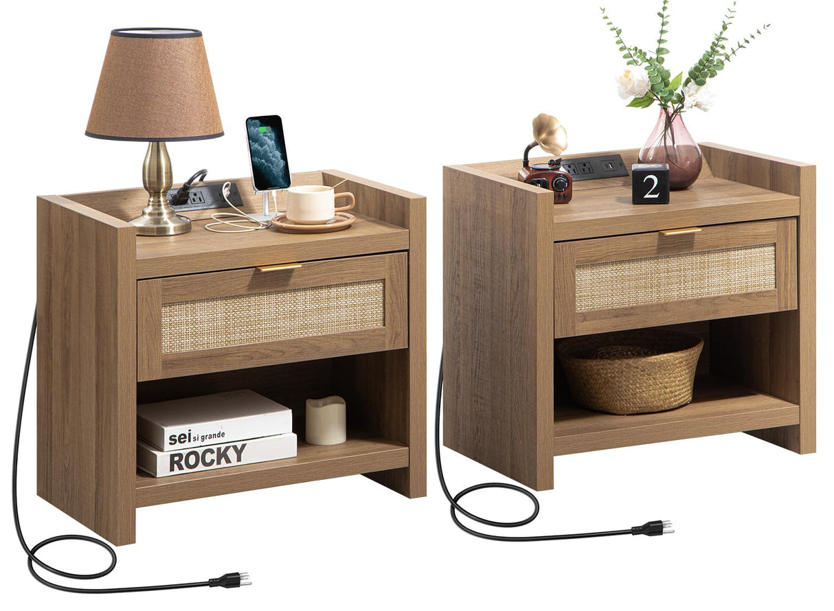 SICOTAS Night Stand Set of 2 Nightstands - Rattan Bed Side Table with Type-C Charging Station, Drawer Storage End Table - Boho Bedside Stand Night Stands for Bedroom - Natural Oak SICOTAS
