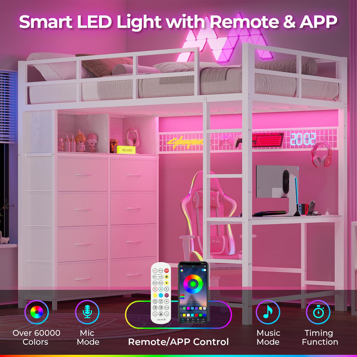 ADORNEVE Twin Size Loft Bed with Desk and 8 Storage Drawers, Metal Kids Loft Bed Twin with LED Lights & Charging Sation, Storage Shelves, 13.1" H Safety Guard & Ladder, No Box Spring Needed, White ADORNEVE