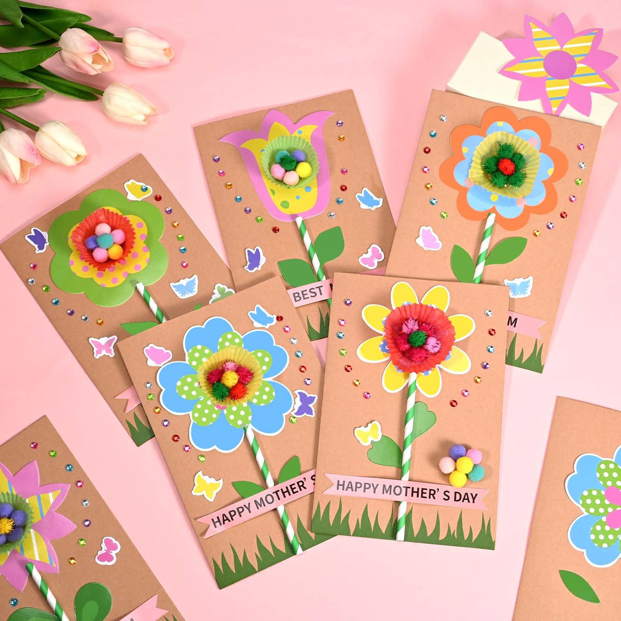 24 Sets Mother's Day Flower Card Craft Kit for Kids Spring DIY Flower Greeting Card Set Happy Mother's Day Card Making Kit for Mom Gifts Classroom School Home Activities Sanixin
