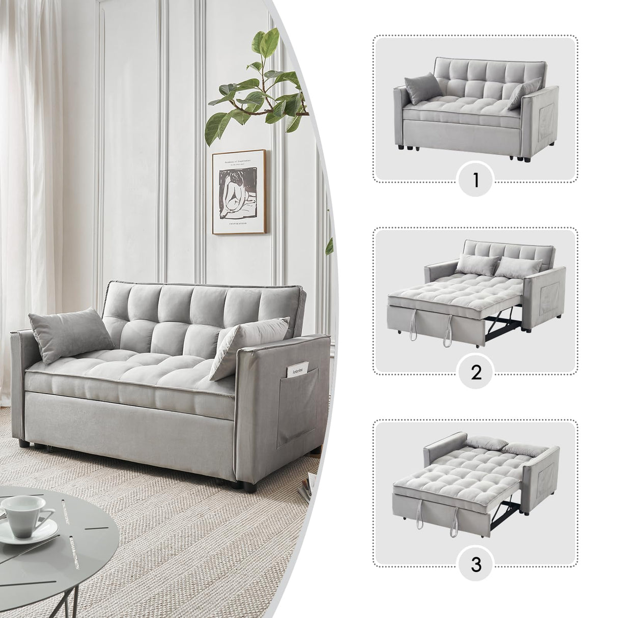 ECHINGLE Futon Sofa Bed, 3 in 1 Sleeper Sofa Couch Bed with Armrests, Storage Pockets and 2 Pillows, Adjustable Backrest, Sofa Bed Couch for Living Room, Bedroom, Office,Reading Room(Grey) ECHINGLE