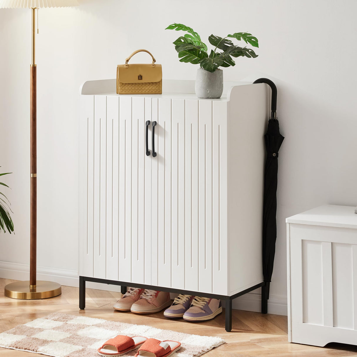 Mericonia Modern Shoe Cabinet with Metal Legs, Farmhouse Large 5-Tier Shoe Storage Cabinet with Doors, Wooden Shoe Organizer for Entryway, Hallway, Closet, Bedroom, Living Room, White Mericonia