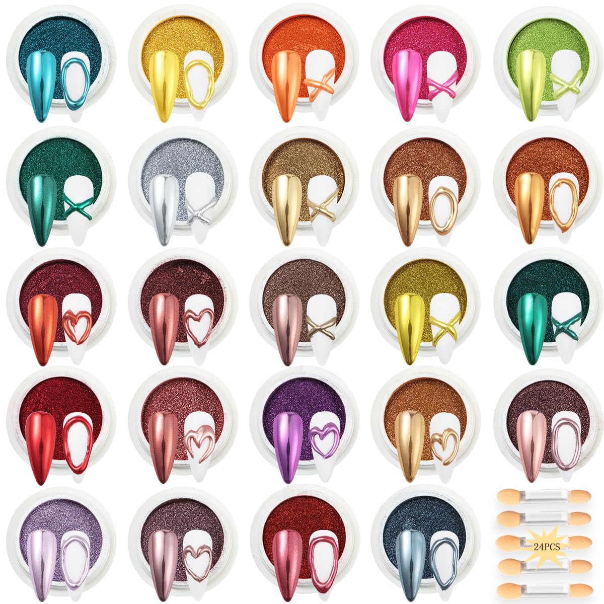 24Pcs Chrome Nail Powder Set - Metallic Mirror Effect Holographic Iridescent Aurora Mermaid Nail Powder Pigment Silver Red Green Gold Nail Chrome Powder for Nails Art Decoration(24 Eye Shadow Sticks) SUTOZMIWE