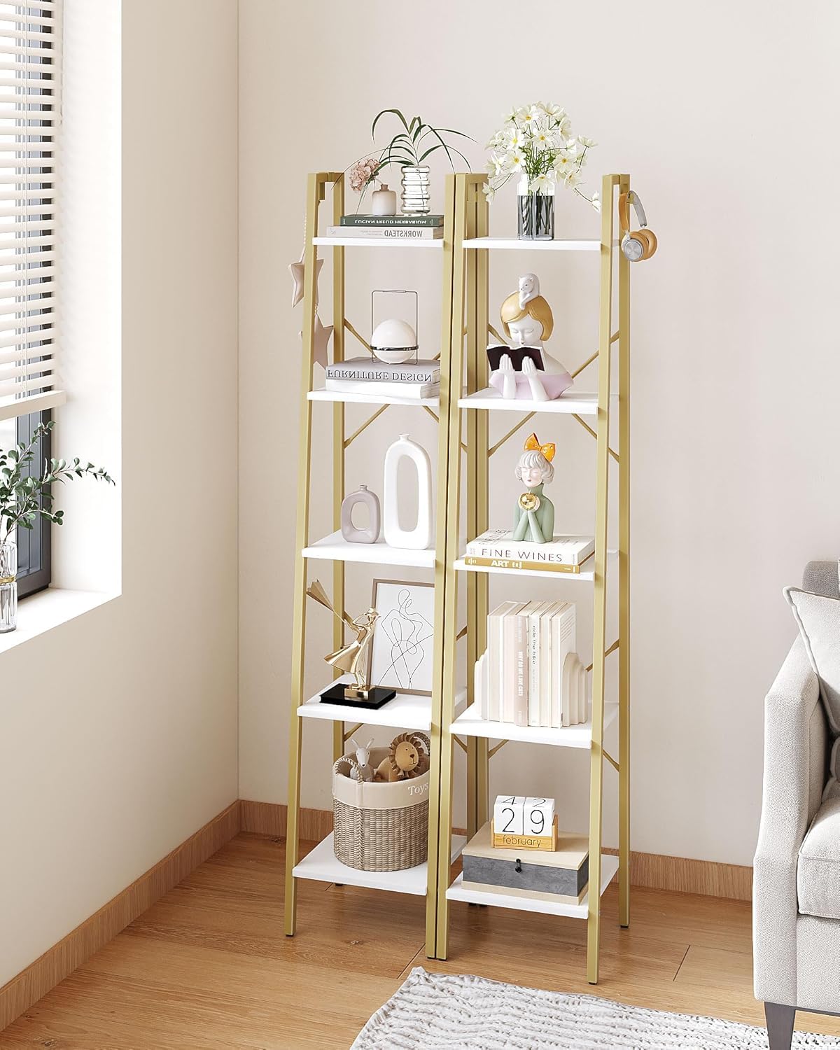 Hzuaneri Ladder Shelf, Bookshelf Bookcase, Freestanding Corner Storage Shelve with 2 Hooks for Home Office, Living Room, Kitchen, Bedroom, Industrial, 11.8" D x 13.4" W x 63" H, White Gold BC03213G Hzuaneri