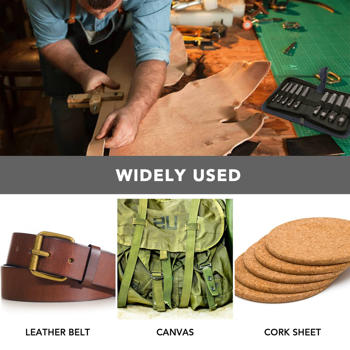 Tlimus 9 Pieces Heavy Duty Round Punch Set(3mm-12mm) with a Free Cutting Pad, Leather Hole Punch Set with Storage Case is Widely Used in Watch Straps, Belts, Cloth, Leather Gaskets(9 Black) Tlimus