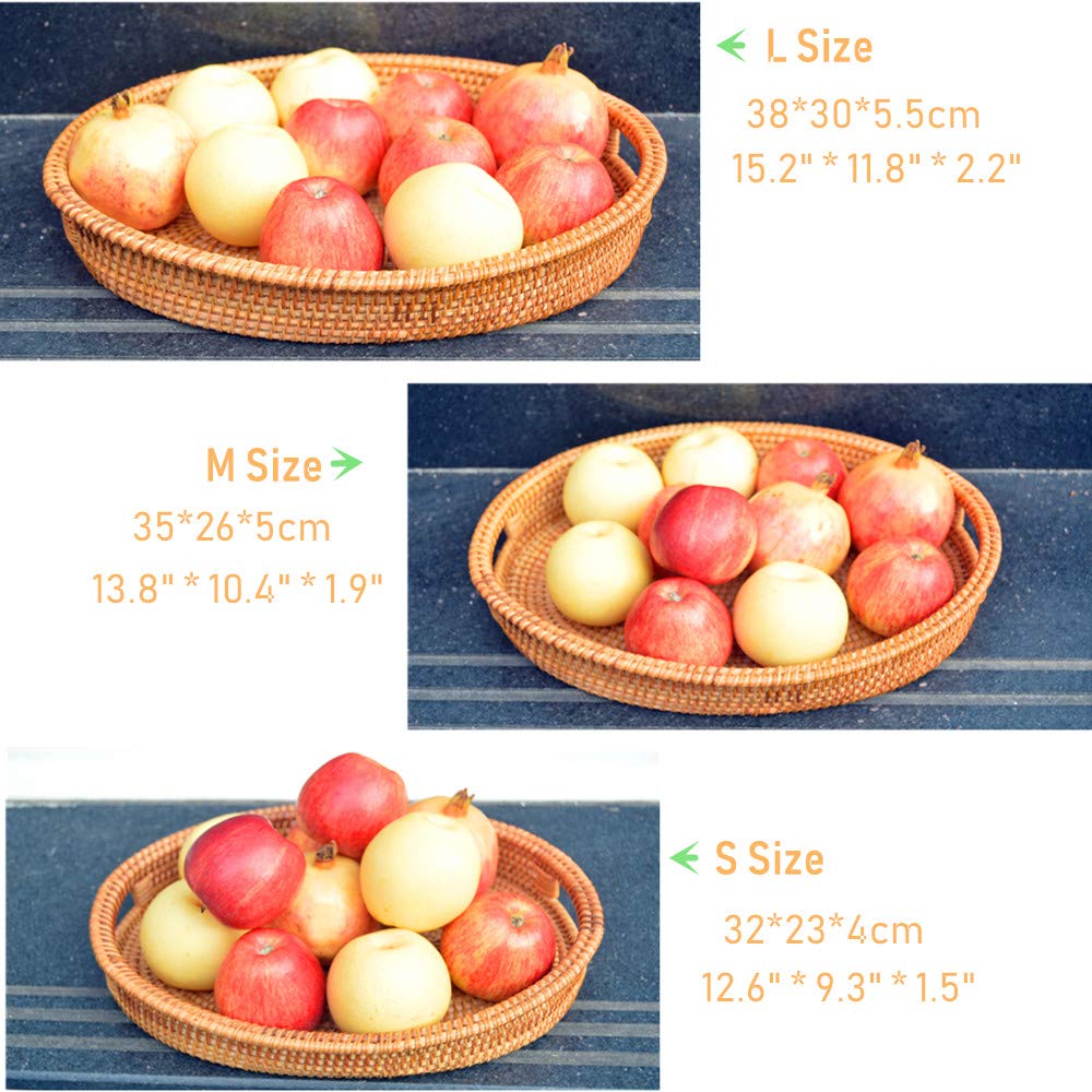 Small Handmade Rattan Basket, Oval Wicker Bowl, Rustic Serving Tray with Handles, Fruit Bowls, Table Organizers Storage Dish for Food, Catering, Catchall, Brown, S, 12.6 Inch amololo