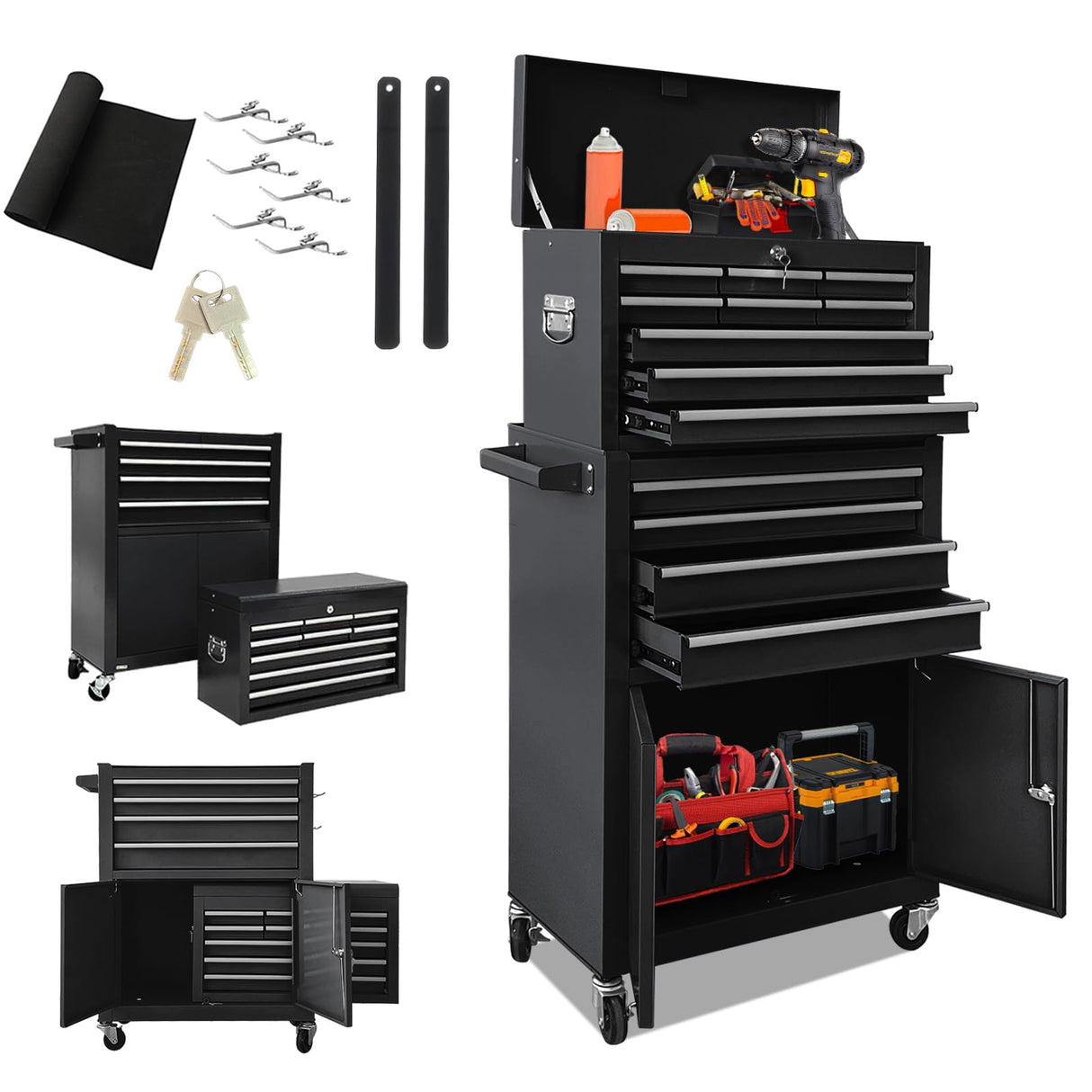 SONLMIK 13-Drawer Rolling Tool Chest with Double Door Handle, 2-in-1 Detachable Metal Storage Cabinet with Wheels and Lock, Large Capacity Tool Box for Garage, Home, Warehouse, Basement(Black) SONLMIK