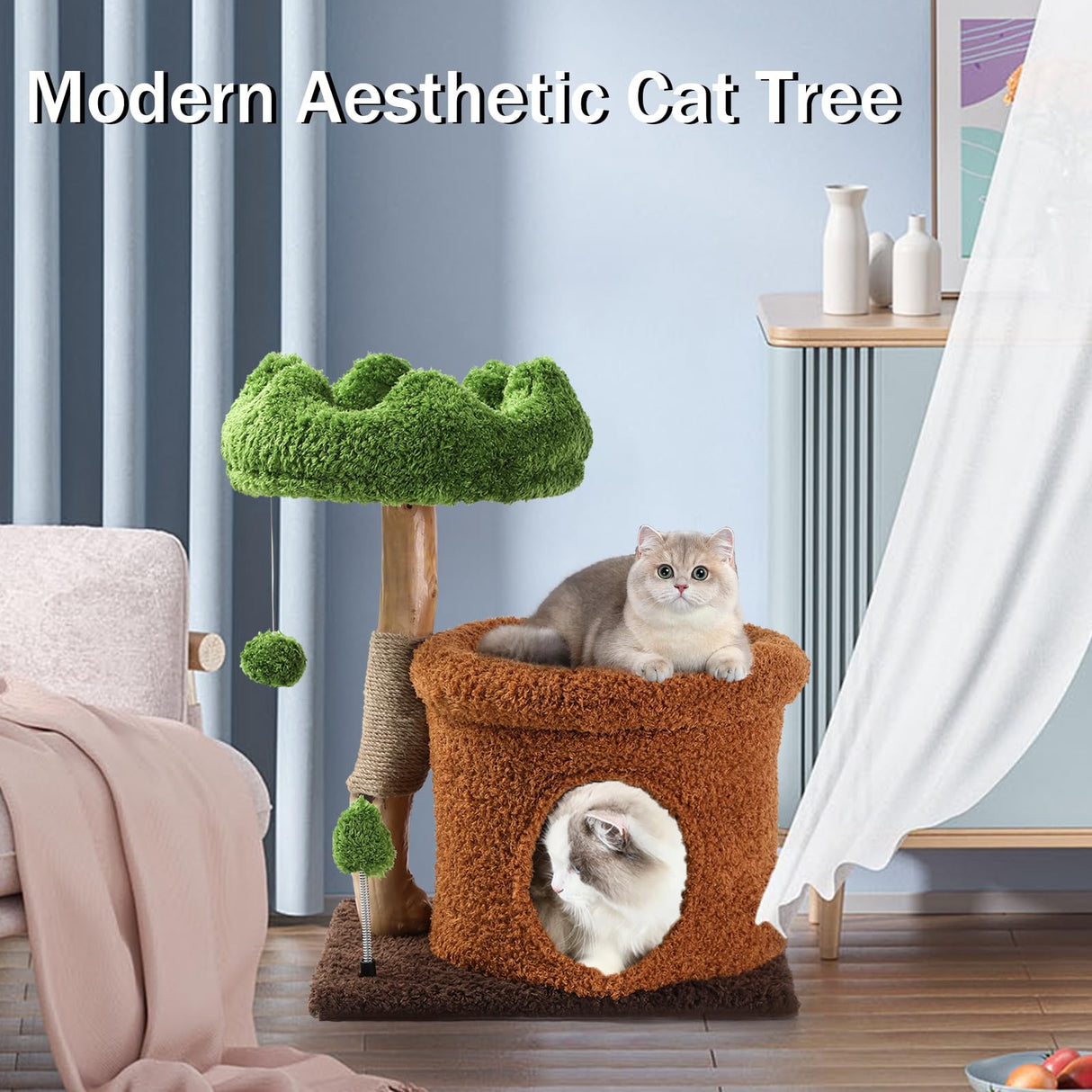 Small Cat Tree for Indoor Cats Large Adult, Cats Climbing Tower with Scratching Post, Cat Condo, Green Wood Cats Tree, Flower Cat Trees, Modern Cute Cat Tree with Dangling Ball (Mnit Green) Yungaspy