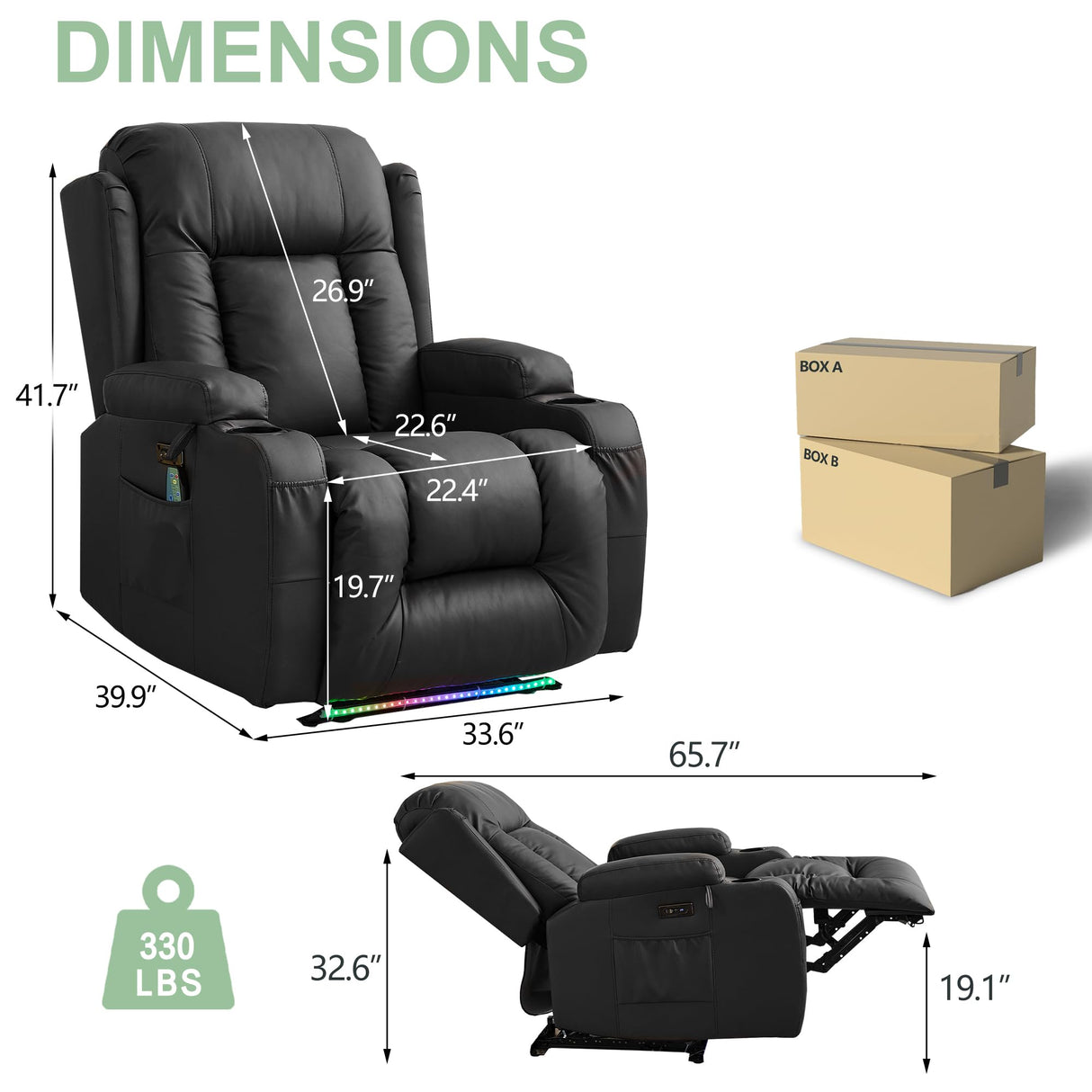 TUNYI Power Recliner Chair with Massage & Heat, Faux Leather Reclining Sofa with LED Light, Home Recliner Theater Seating with USB Port/Lumbar Pillow/Cup Holder/Side Pocket (Black, 1PC) TUNYI