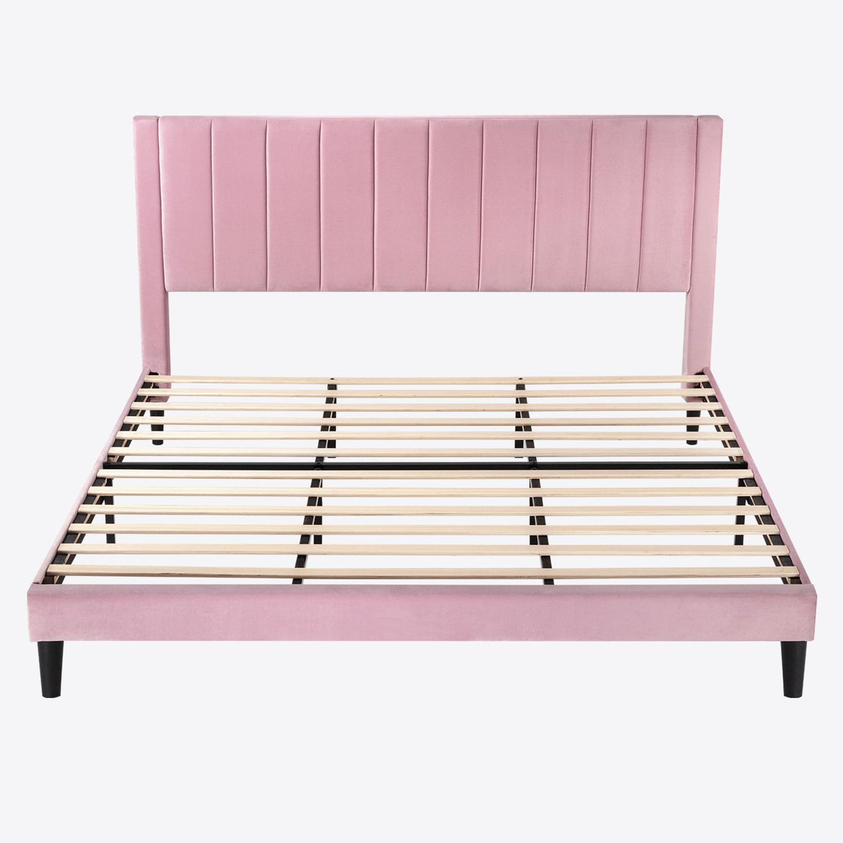 SHA CERLIN King Bed Frame/Velvet Upholstered Platform Bed Frame with Headboard/Strong Wood Slats Support/Mattress Foundation/No Box Spring Needed - Pink SHA CERLIN