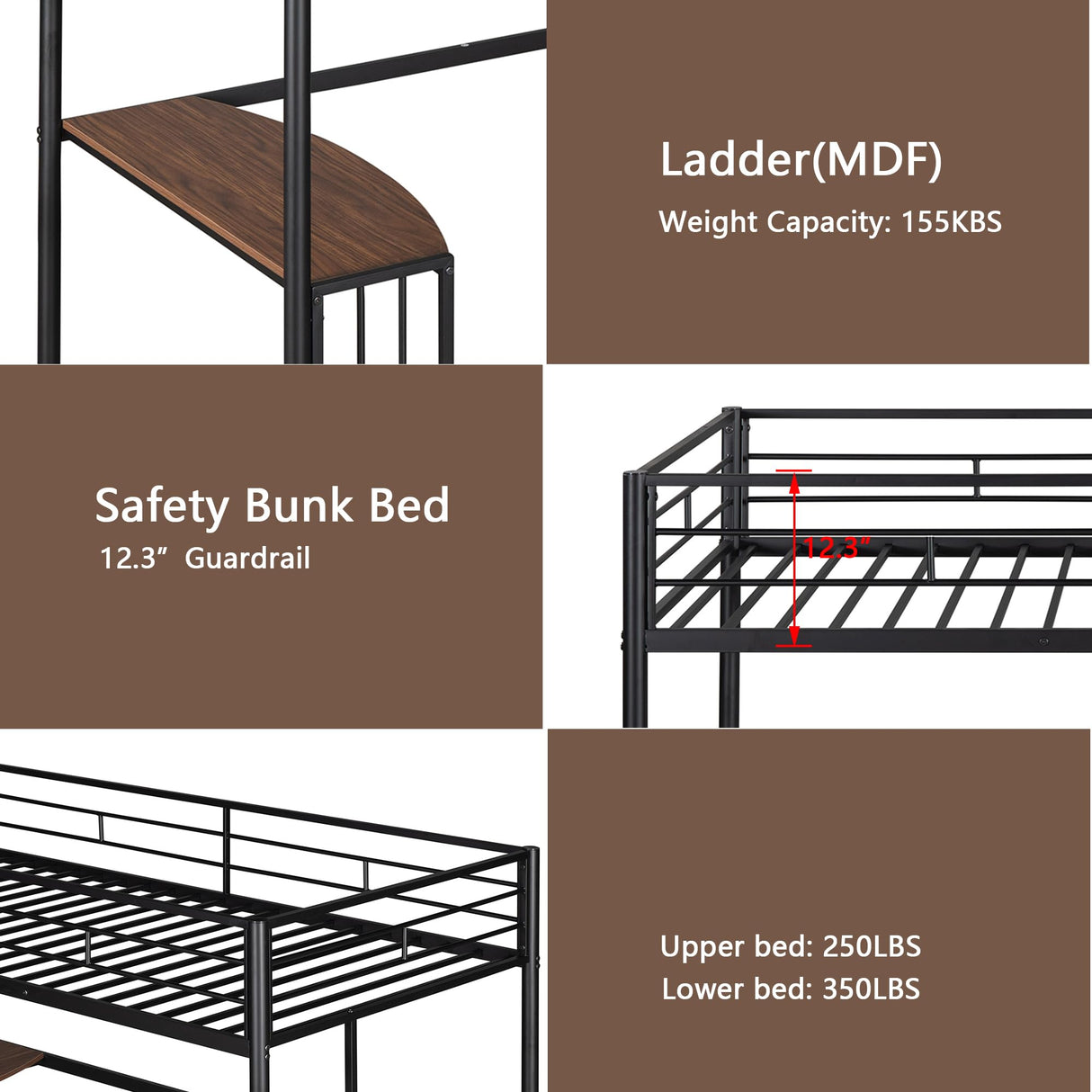 Heavy Duty Bunk Beds Twin Over Full Size, Twin Over Full Bunk Bed with Desk and Side Ladder, L Shaped Bunk Bed Can Be Divided Into One Full Size Bed Frame and One Twin Loft Bed with Desk, Black Bellemave